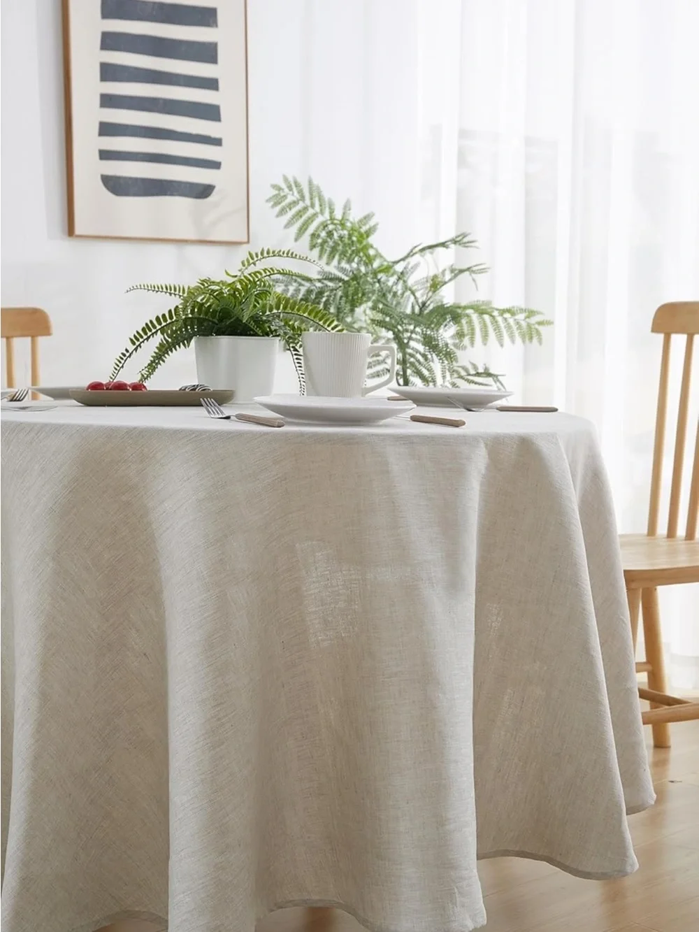 NEW 100% French Flax Linen Round Tablecloth 80”, Natural Linen